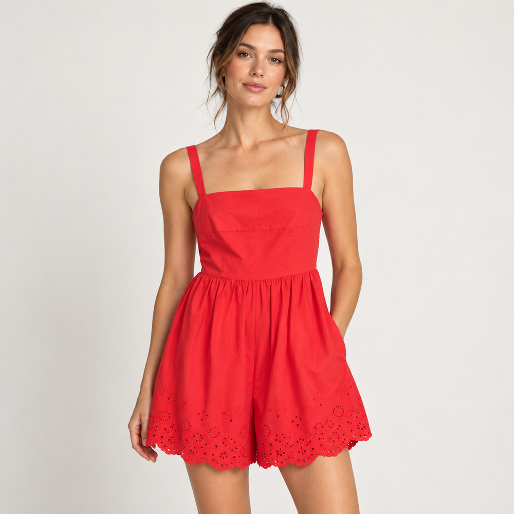Anthropologie Maeve Sleeveless Eyelet Romper S Red Cotton NWT Scalloped Hem